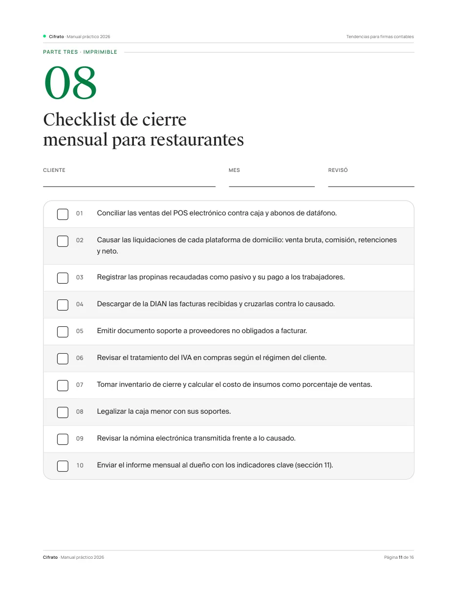 Página del checklist de cierre mensual